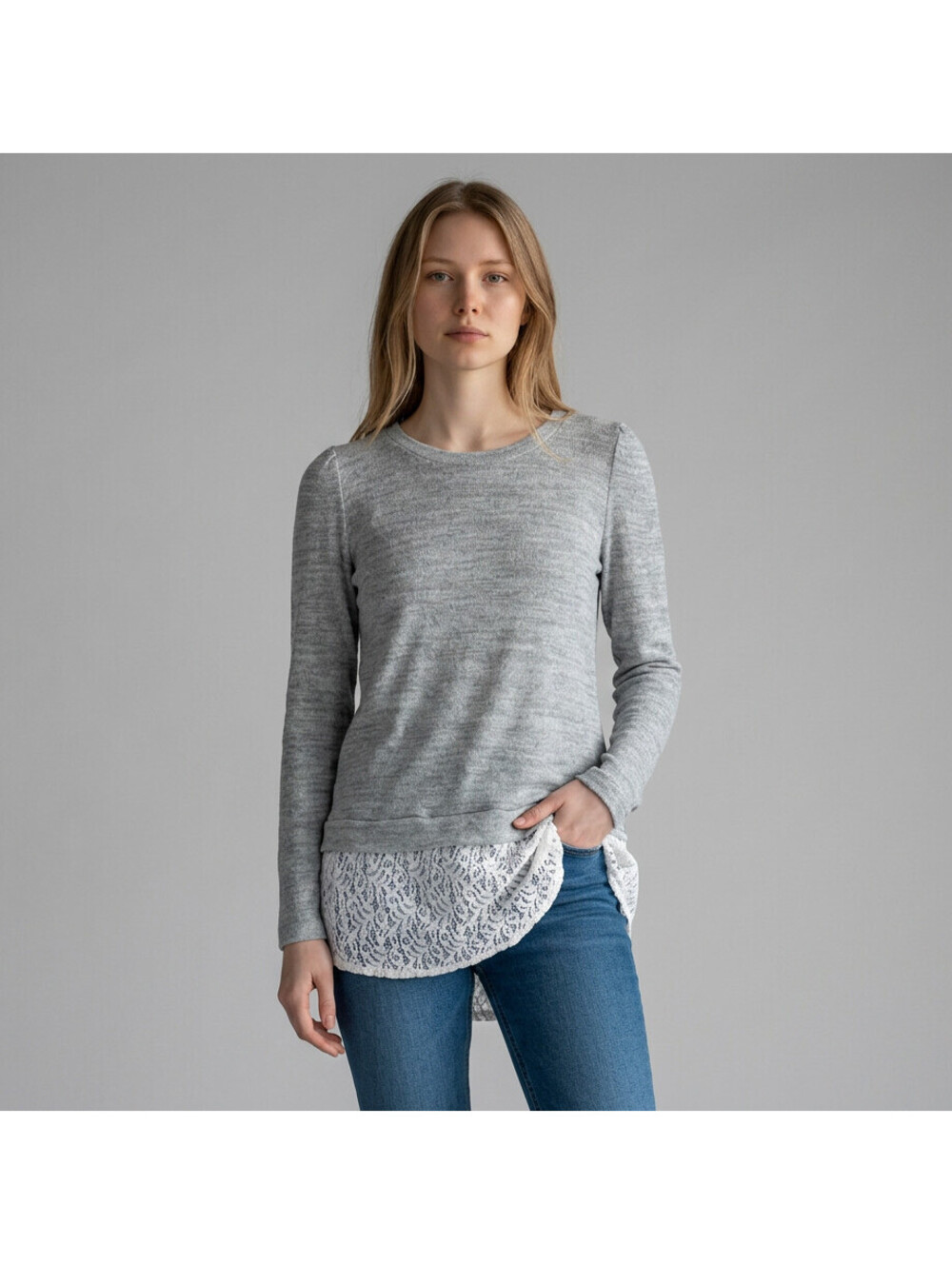 New A'reve Top Women L Large Gray Long Sleeve Crochet Cotton Casual Stretch